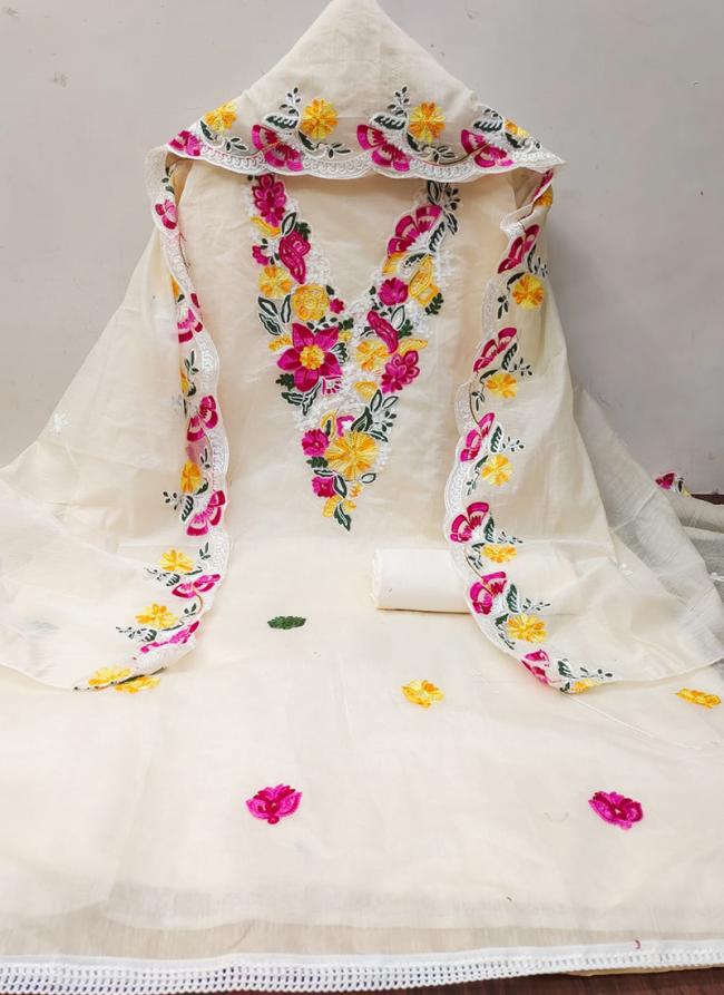 Chanderi White Traditional Wear Embroidery Work Dress Material